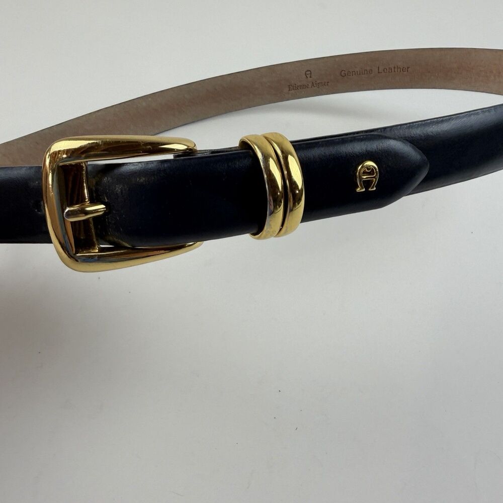 Etienne Aigner Leather Skinny Belt Small Navy Blue Gold Buckle Western 80"s VTG - Picture 2 of 10